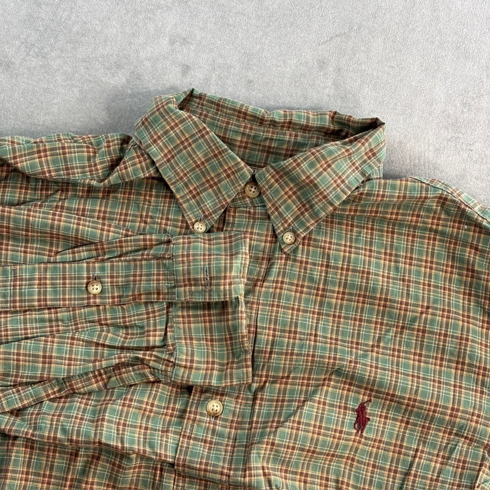 Ralph‎ Lauren Classic Fit Mens Button Down Dress Shirt Size L Green Brown Plaid